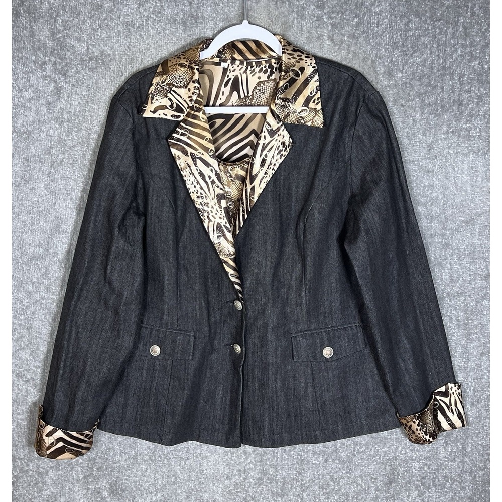 Vintage Ben Marc Denim Blazer Jacket & Tank Top Womens Sz 14 Black Gold Pockets